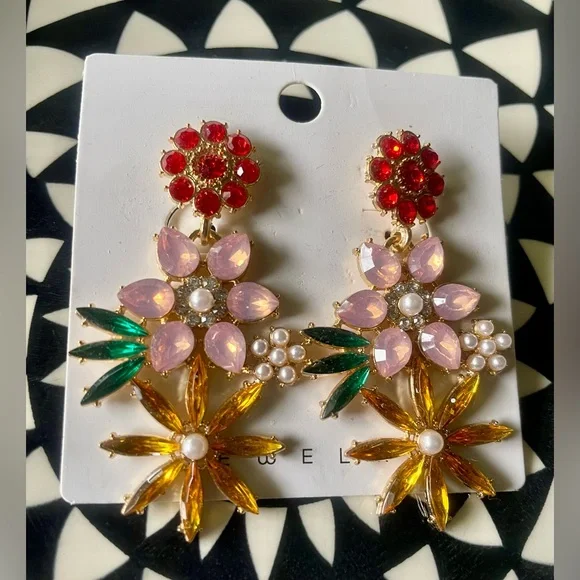 Floral Gemstone Earrings with Red, Pink, and Gold Accents - Picture 3 of 4